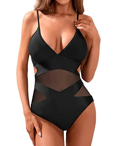 Women's Sexy One Piece Swimsuits Mesh High Waisted Bathing Suits Monokini-Black