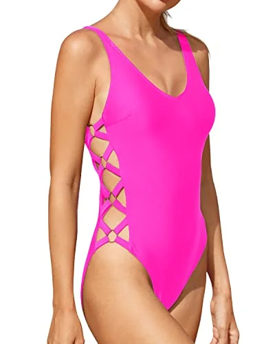 Criss Cross One-Piece Swimsuit Sexy Criss Cross Bathing Suit-Neon Pink