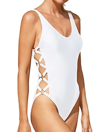 High Cut Push Up One Piece Swimsuit For Women Strappy Criss Cross Monokini-White