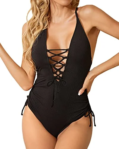 Women Sexy One Piece Swimsuit Plunge V Neck Lace Up Swimwear-Black