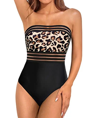 Bandeau One Piece Swimsuit Tummy Control Strapless Bathing Suit For Women-Black And Leopard