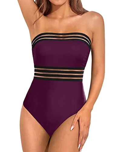 Strapless One Piece Swimsuit With Tummy Control For Women-Maroon