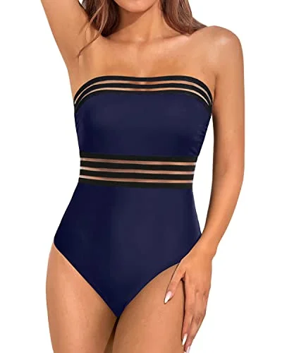 Bandeau Tube Swimswear Slimming Strapless One Piece Swimsuit For Women-Navy Blue