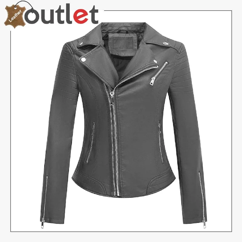 Womens Studded Leather Moto Biker Jacket