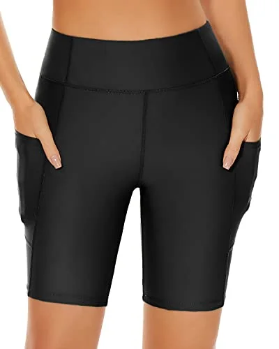 Sporty Tankini Swimsuit Boy Shorts Long Swim Shorts For Women-Black