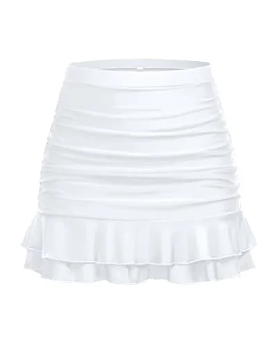 Women's Tummy Control Swim Skirt With High Waisted Ruched Skirt-White