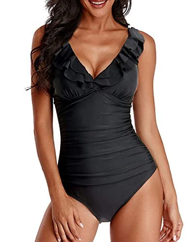 Slimming Women's V Neck One Piece Swimsuit-Black