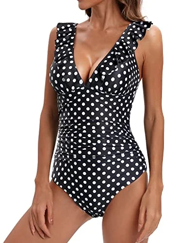 Women's Tummy Control Ruffled V Neck Bathing Suit One Piece Swimwear