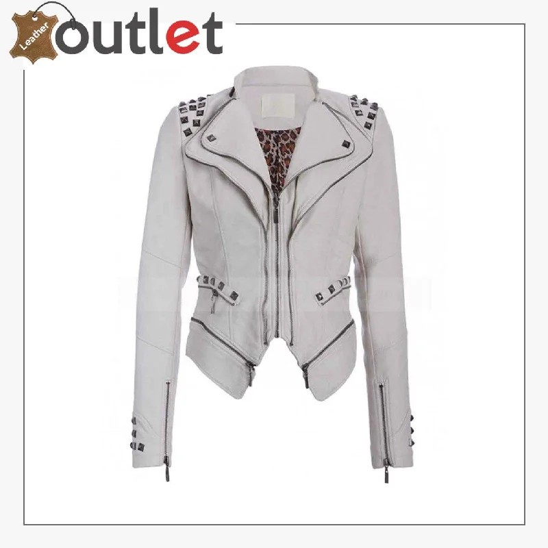 Womens White Studded Punk Leather Jacket