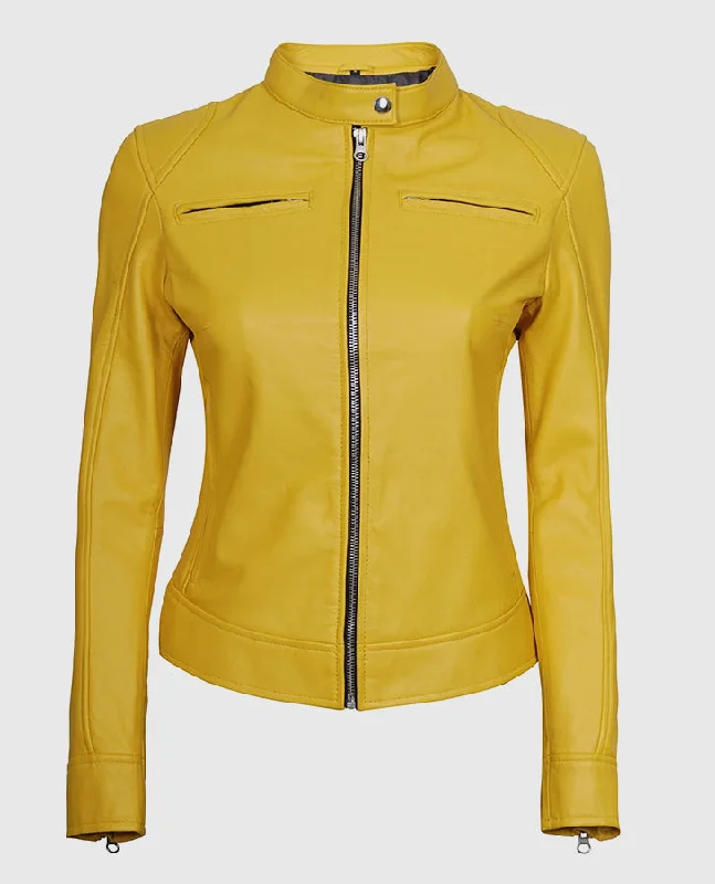 Women's Yellow Cafe Racer Leather Jacket