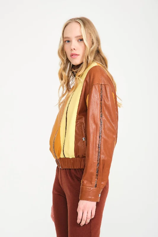 Yellow/Brown Leather Bomber Jacket