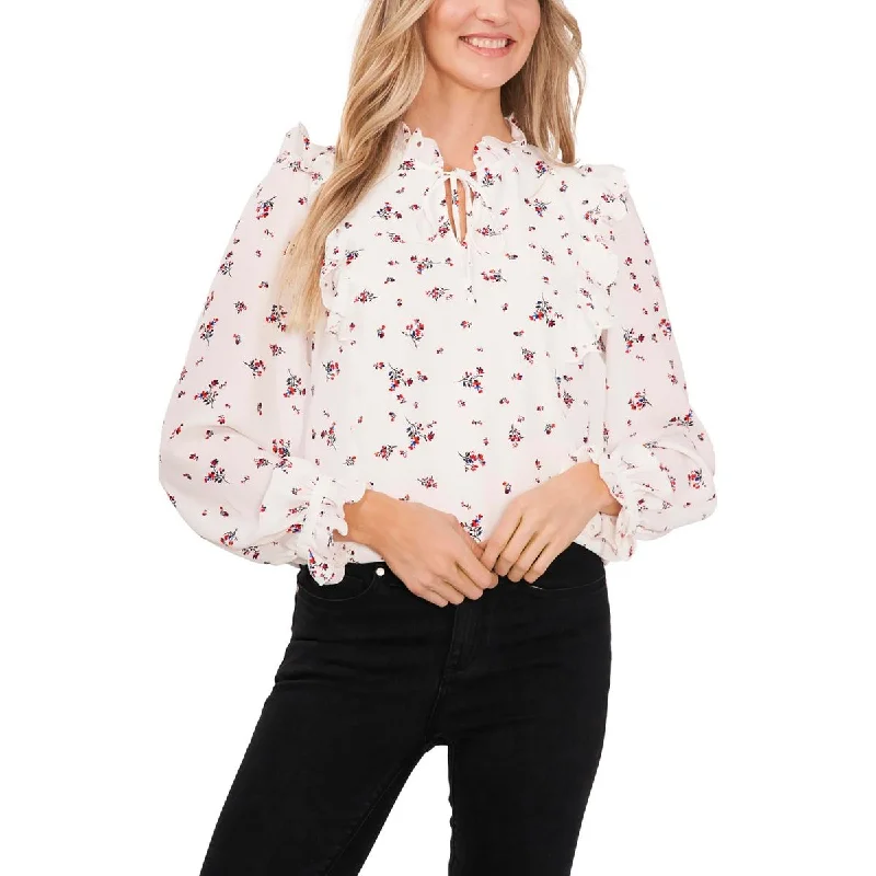 CeCe Womens Floral Print Tie Neck Pullover Top