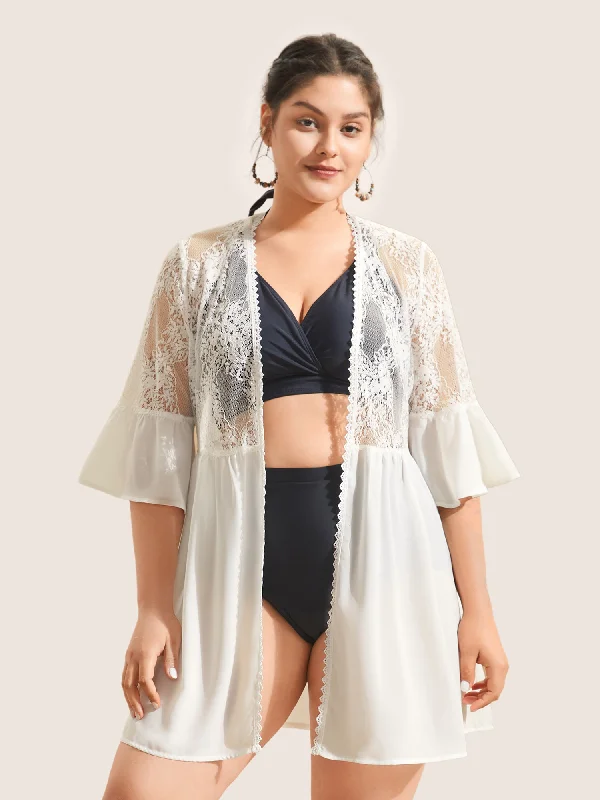 Crochet Lace Mesh Gathered Ruffles Kimono