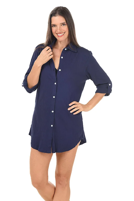 Crinkle Button-Front Shirt Cover-Up