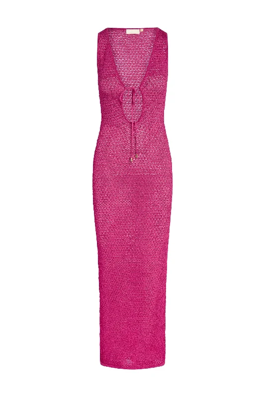 Monte Carlo Tie Dress - Dragon Fruit Lurex Lace Crochet