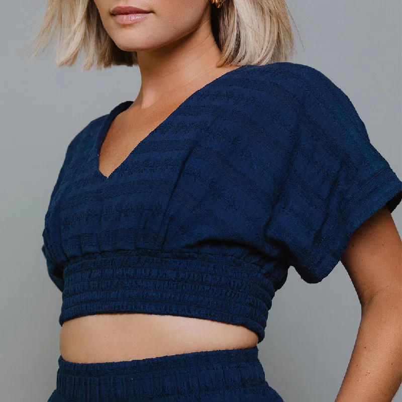 Smocked Crop Blouse, Navy