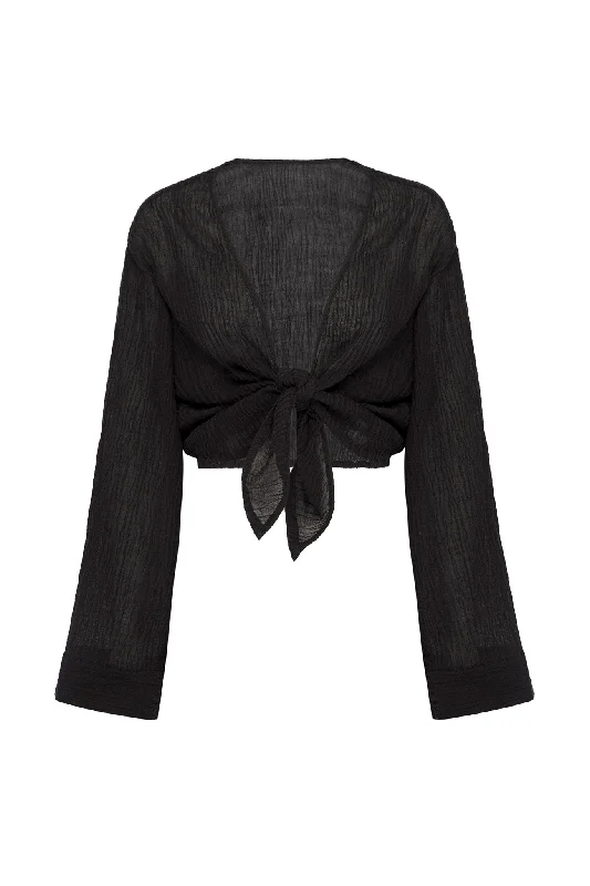 Tahiti Tie Top - Black Crinkle Linen