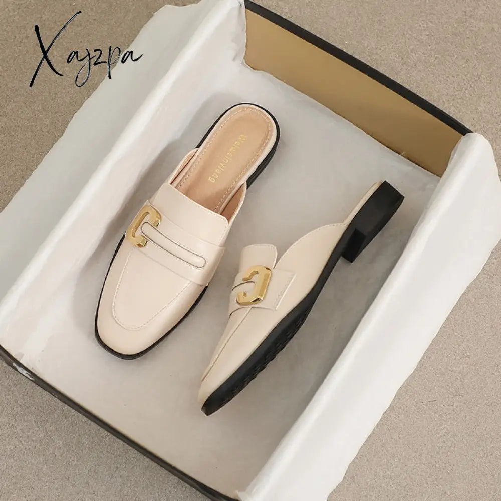 Xajzpa - 2023 spring new women's mules Outerwear slippers fashion mules metal design british style Flat casual shoes banquet and office