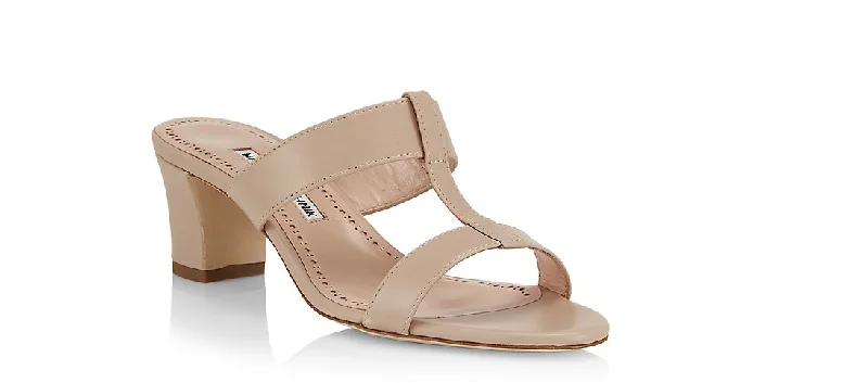 Manolo Blahnik Kesbihi 50MM Leather Mules High Heel Sandals Nude Leather