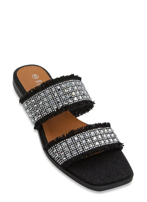 Denim Rhinestone Double Strap Slide Sandals