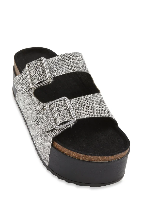 Rhinestone Buckle Platform Footbed Slide Sandals