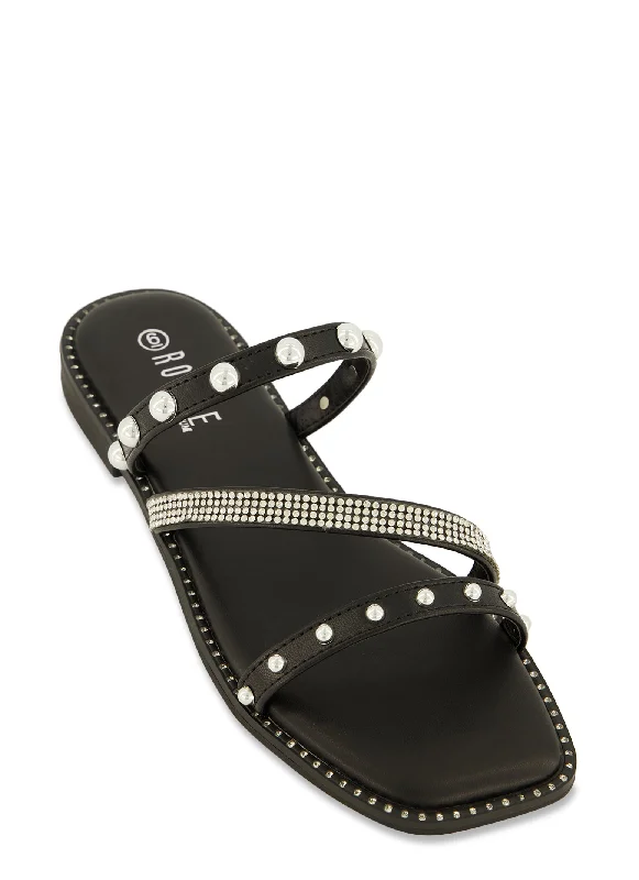 Rhinestone Studded Asymmetrical Strap Slide Sandals