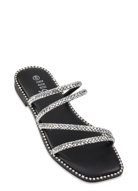 Studded Trim Strappy Rhinestone Slide Sandals