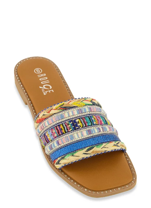 Studded Trim Rhinestone Braided Band Slide Sandals