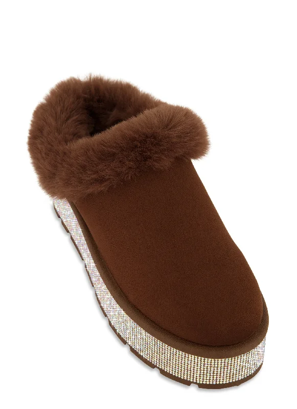 Faux Fur Lined Rhinestone Platform Clogs