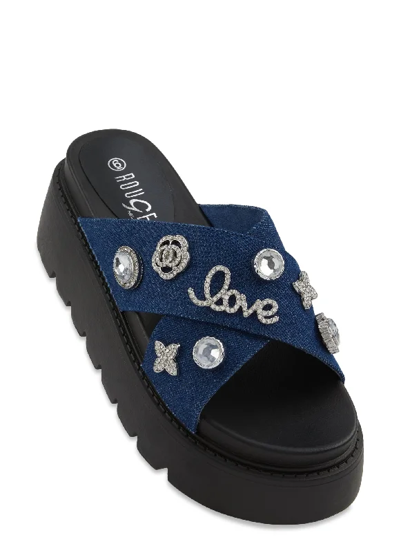 Love Charm Pendant Platform Slide Sandals