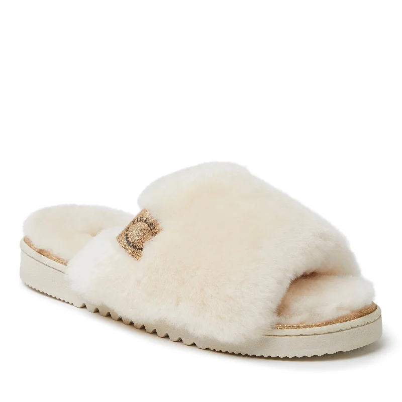 Fireside by Dearfoams Women's Cairns Genuine Shearling Slide with Metallic Trim