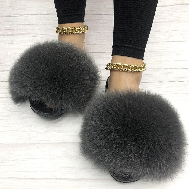 Gray Summer Indoor Fox Big Fur Fluffy House Slippers for Women