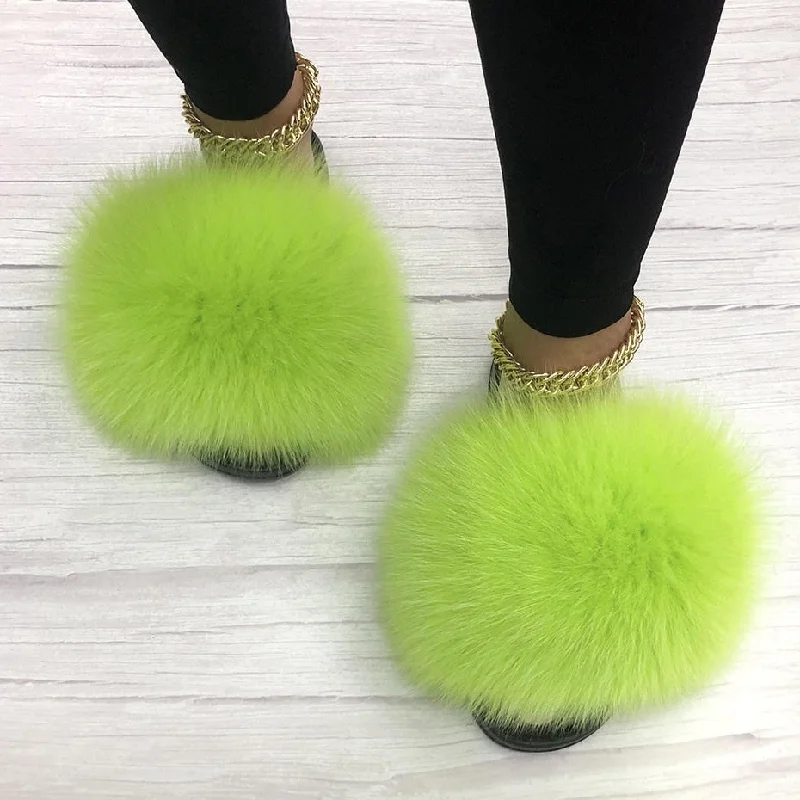 Green Summer Indoor Fox Big Fur Fluffy House Slippers for Women