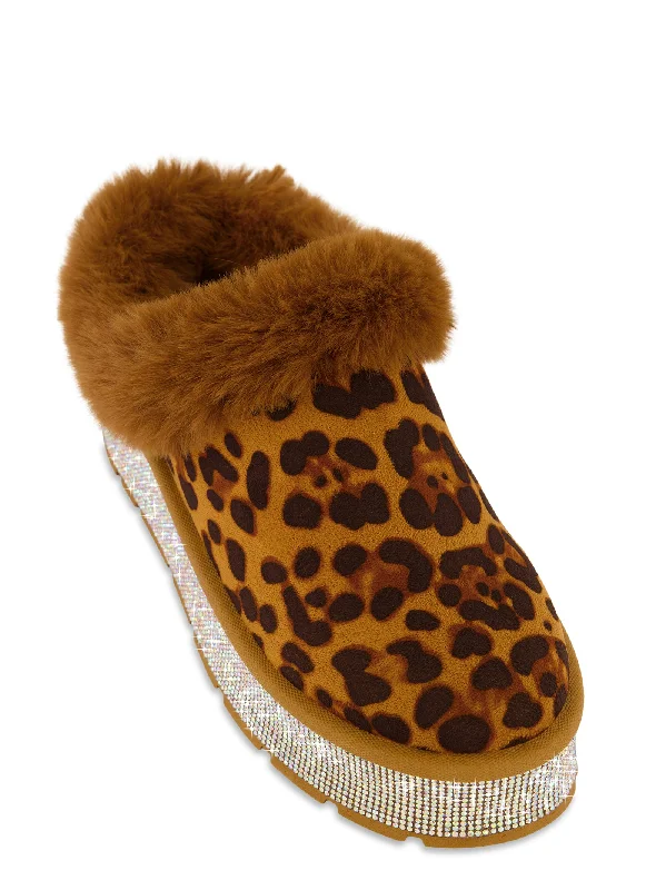 Faux Fur Lined Rhinestone Platform Clogs