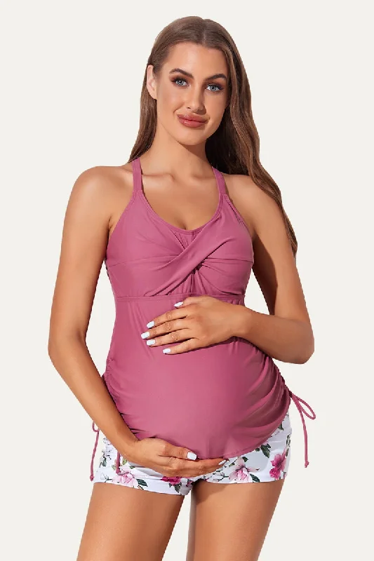 Maternity Crisscross Ring Linked Back Casual Tankini Swimsuit