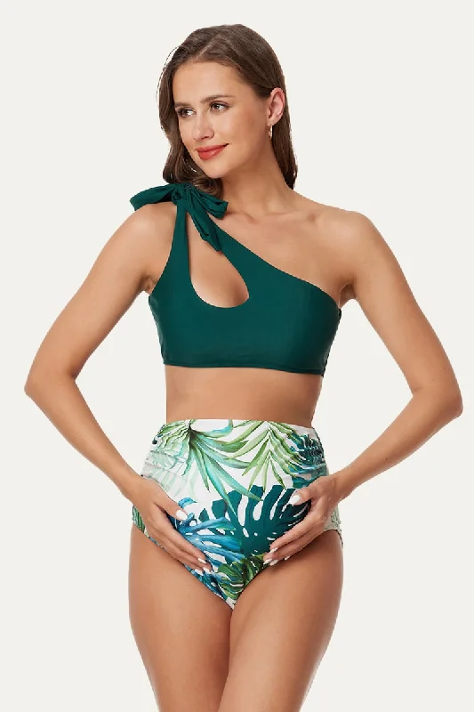 Maternity Cutout One Shoulder Bikini Set | Tie Side Pregnancy Swimwear