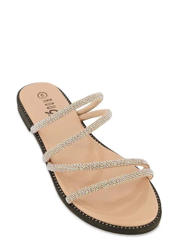 Open Toe Strappy Rhinestone Slide Sandals