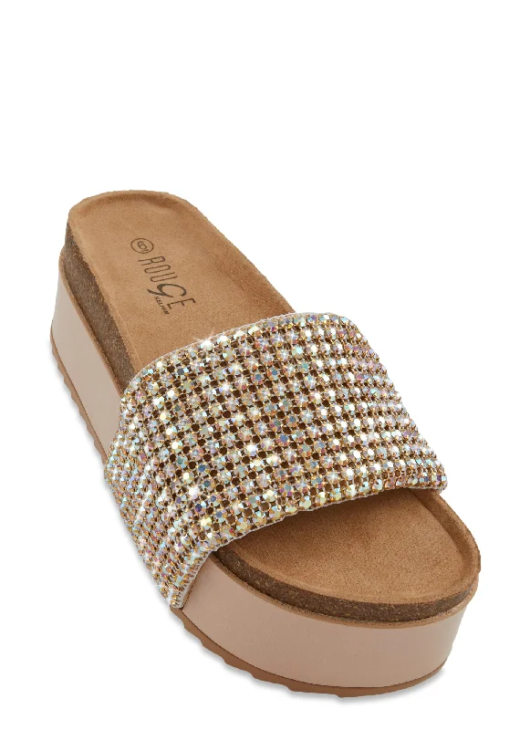 Rhinestone Band Cork Detail Platform Sandals