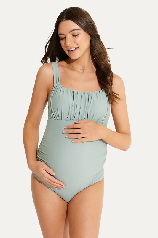 One Piece Ruching Front Maternity Swimsuit | Back Bow Knot Pregnancy Swimwear