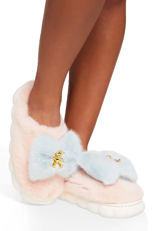 Bow Bear Charm Faux Fur Slippers