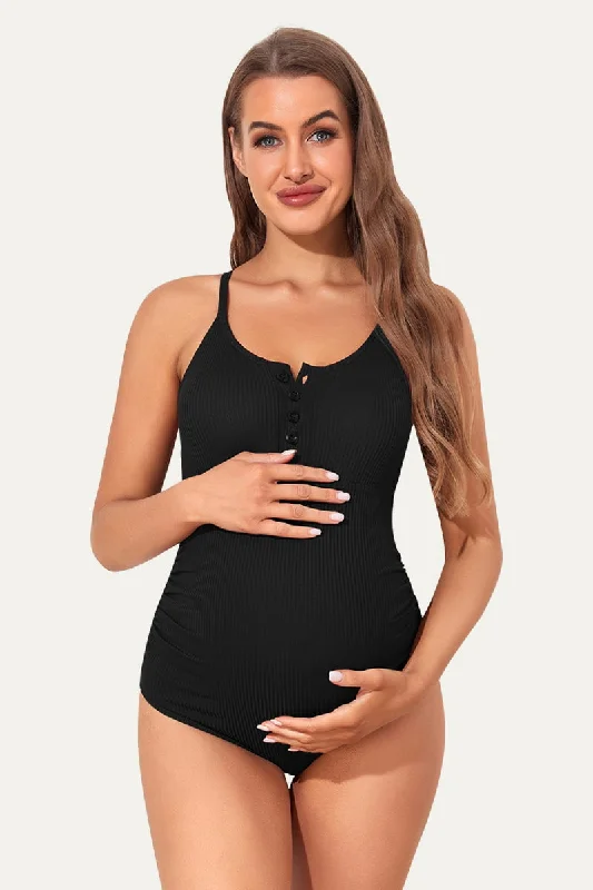 Plus Size Maternity One Piece Swimsuit With Button Front Design