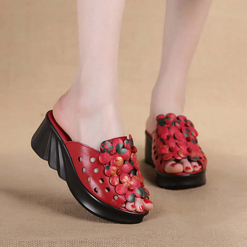 Retro Genuine Leather Summer Platform Heel High Slippers for Women