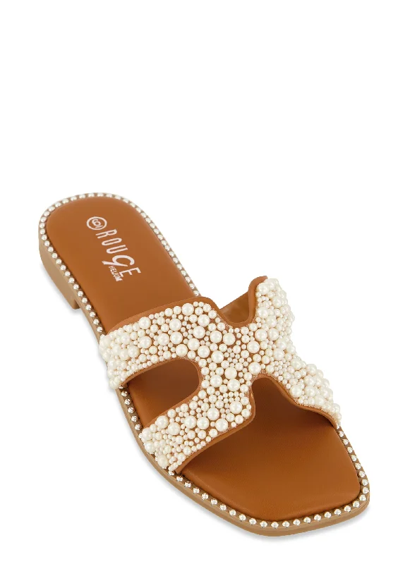 Faux Pearl Band Studded Trim Slide Sandals