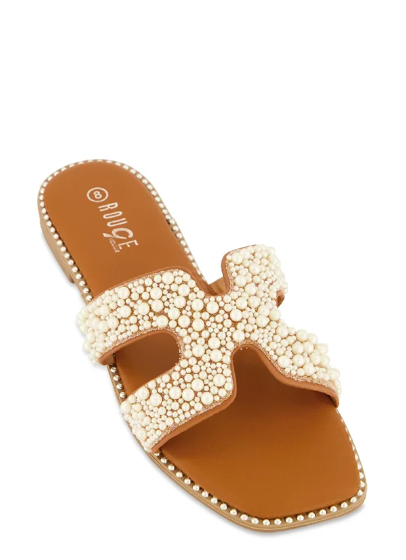 Faux Pearl H Band Slide Sandals