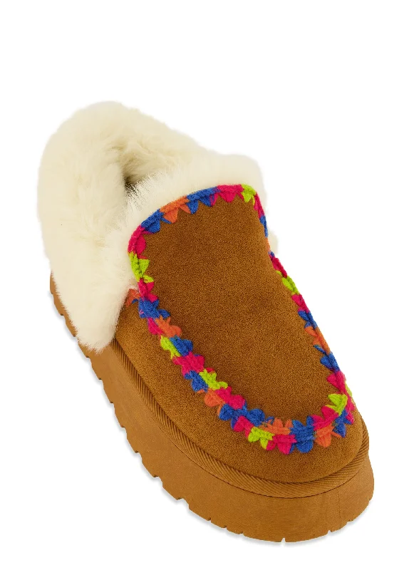 Faux Fur Lined Embroidered Moccasin Slippers