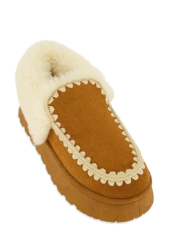 Faux Fur Lined Embroidered Moccasin Slippers