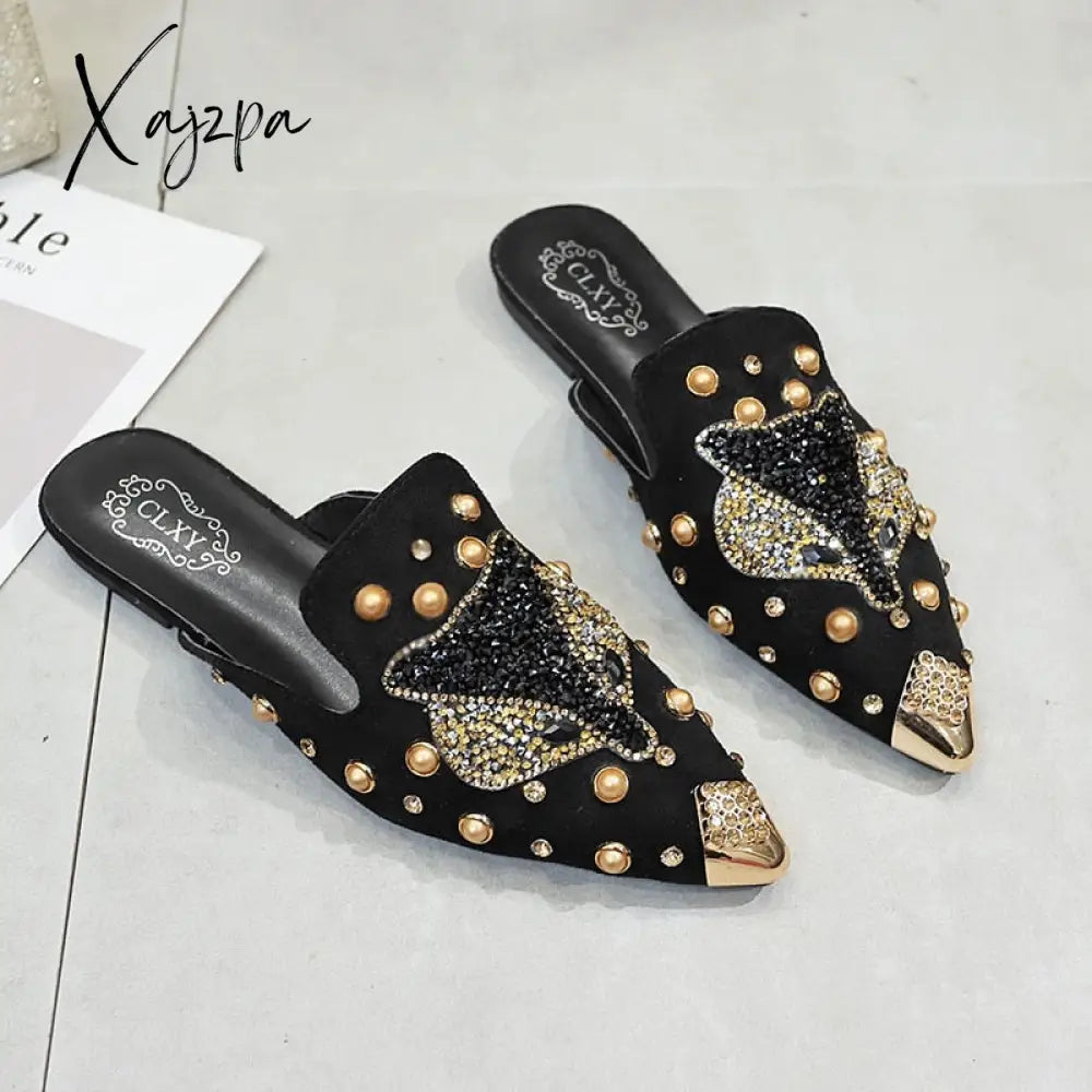 Xajzpa - Women Slippers Fashion String-bead Pointed Rhinestone Rivet Flat Women Shoes Slip-On Mules Loafer Sandals Slides Ladies Shoes