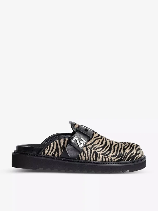 Women's Alpha Zebra-Print Leather Mules In Taupe