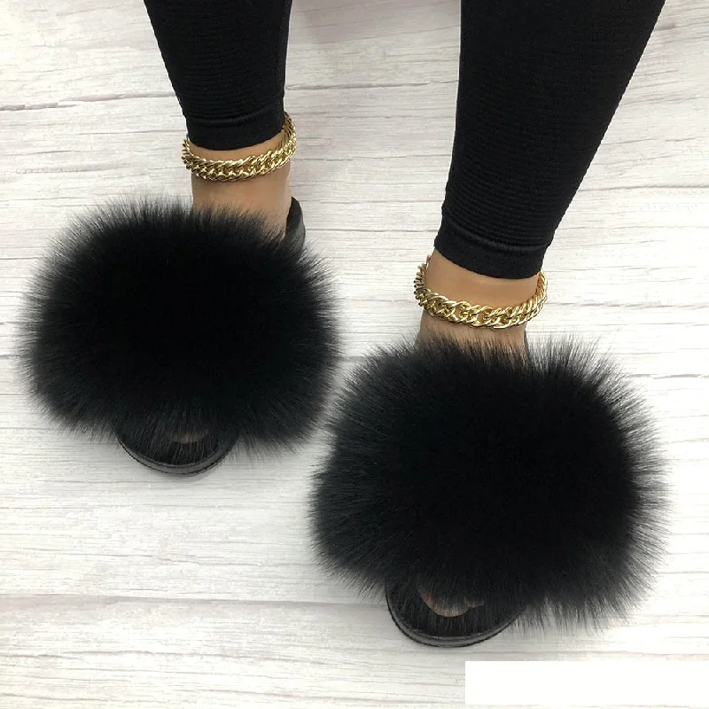 Women's Black Summer Sexy Slides Fox Big Fur Fluffy House Slippers