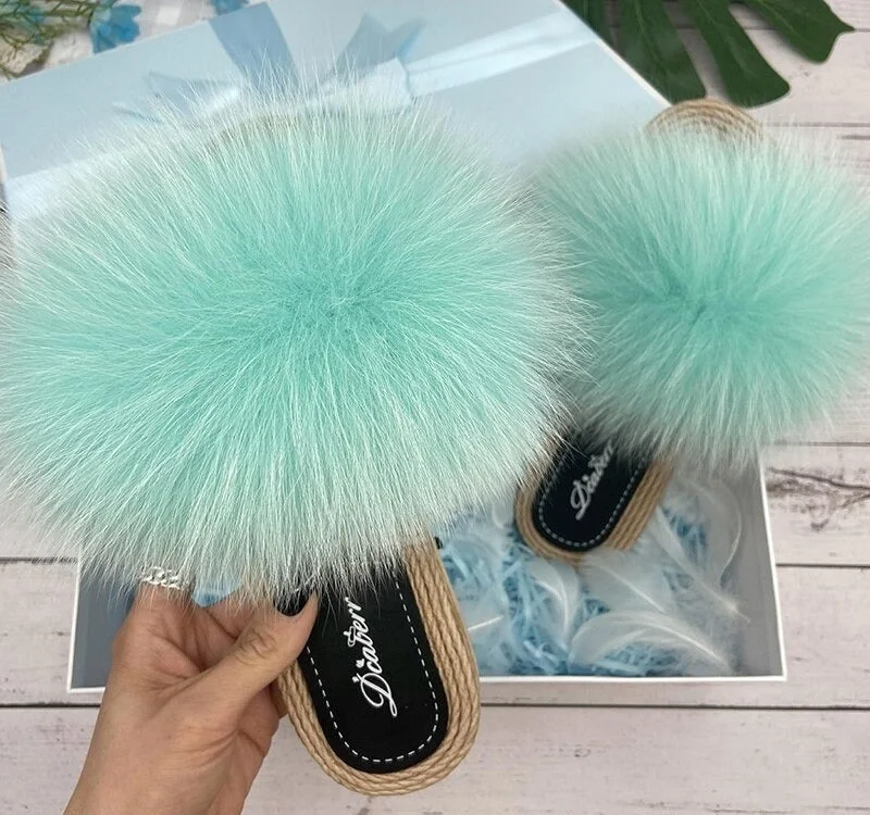 Women's Blue Green Real Fur Synthetic Straw Natural Fox Flip Flop Flat Sandals